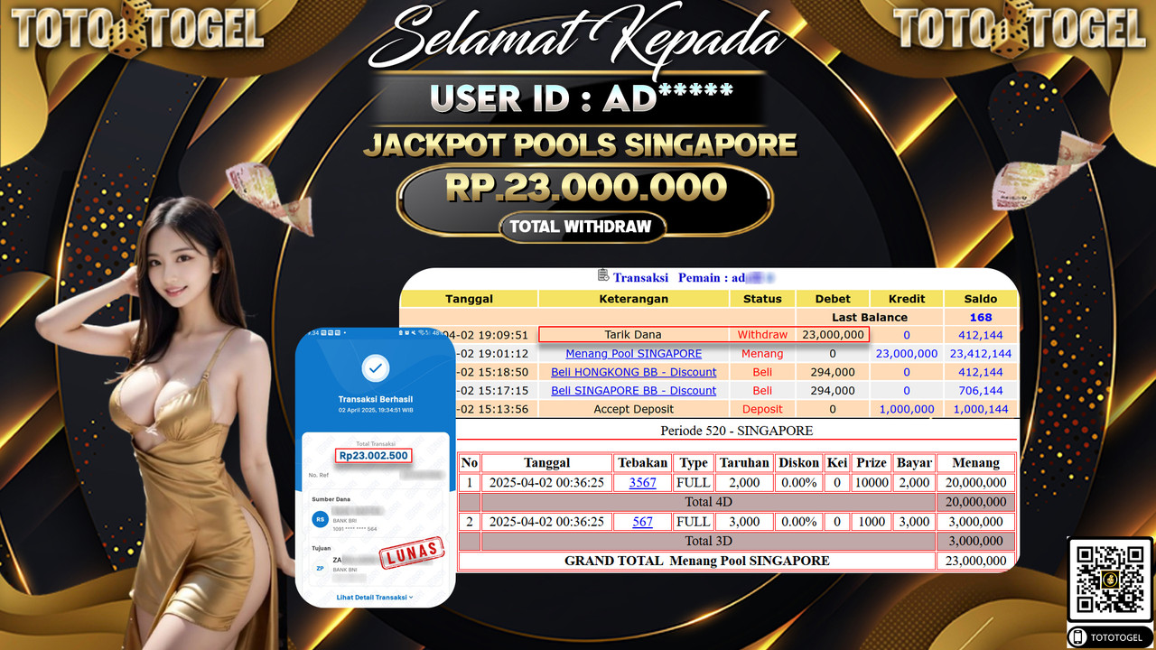 Bukti Pembayaran Jackpot  Permainan Togel Pools Singapore ID AD***** LUNAS
