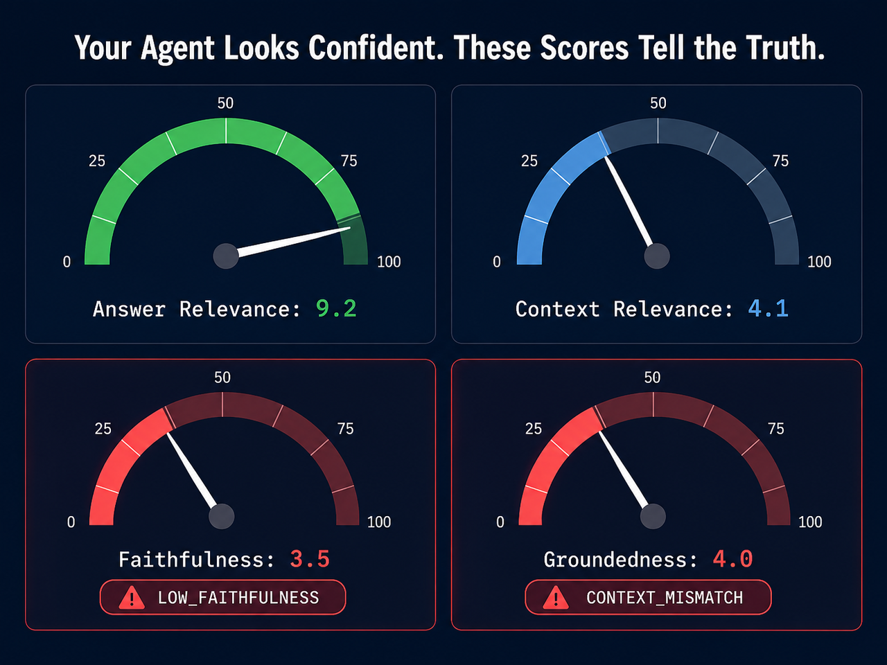 AI agent overconfident hallucination dashboard showing faithfulness and groundedness scores in red alert
