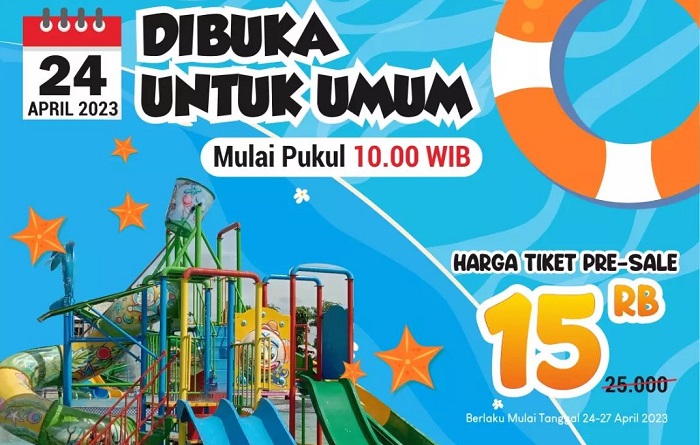 Sampang Waterpark dibuka untuk umum pada Senin (24/4/2023). Sampang Waterpark diklaim sebagai kolam renang terbesar di Madura.