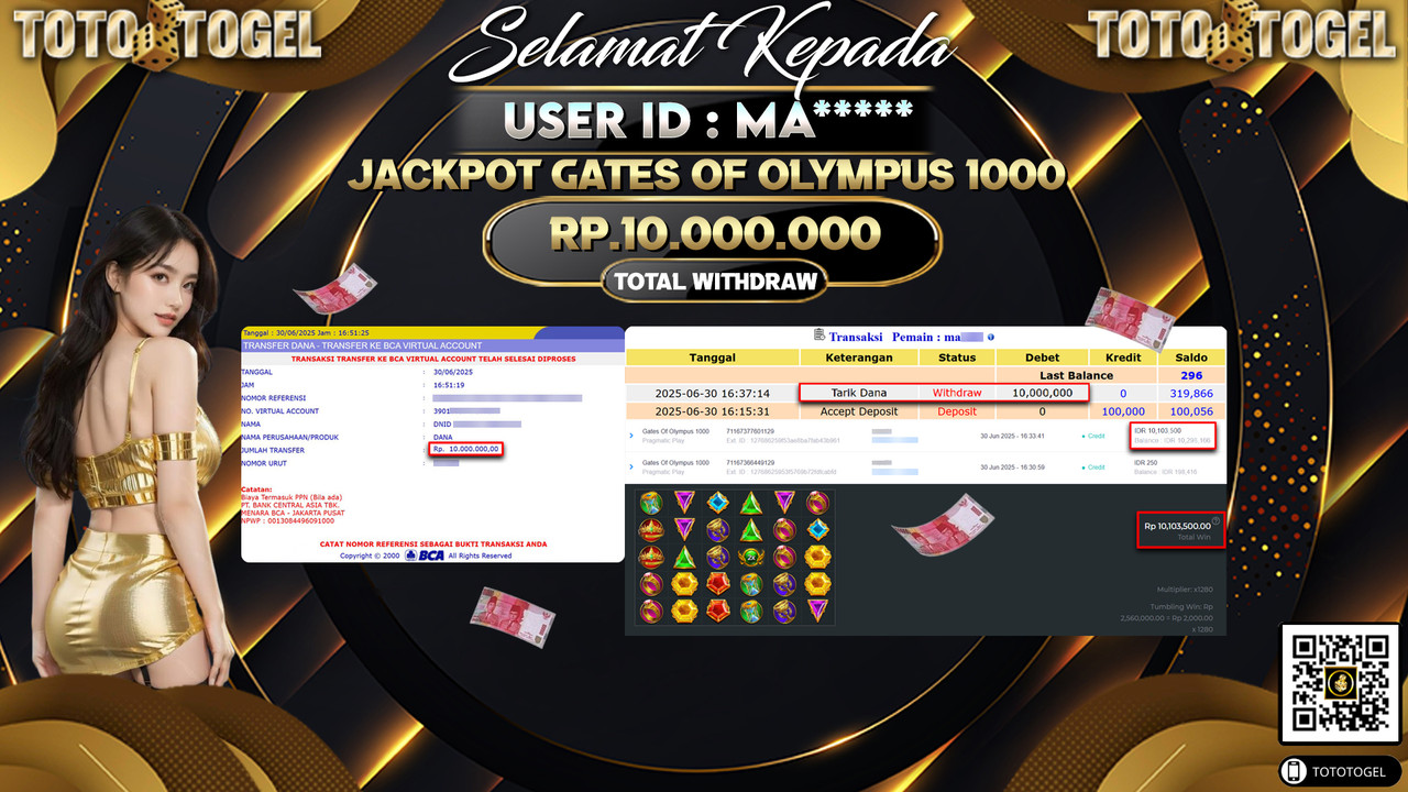 Bukti Pembayaran Jackpot Permainan Slot Gates Of Olympus 1000 ID:MA***** LUNAS