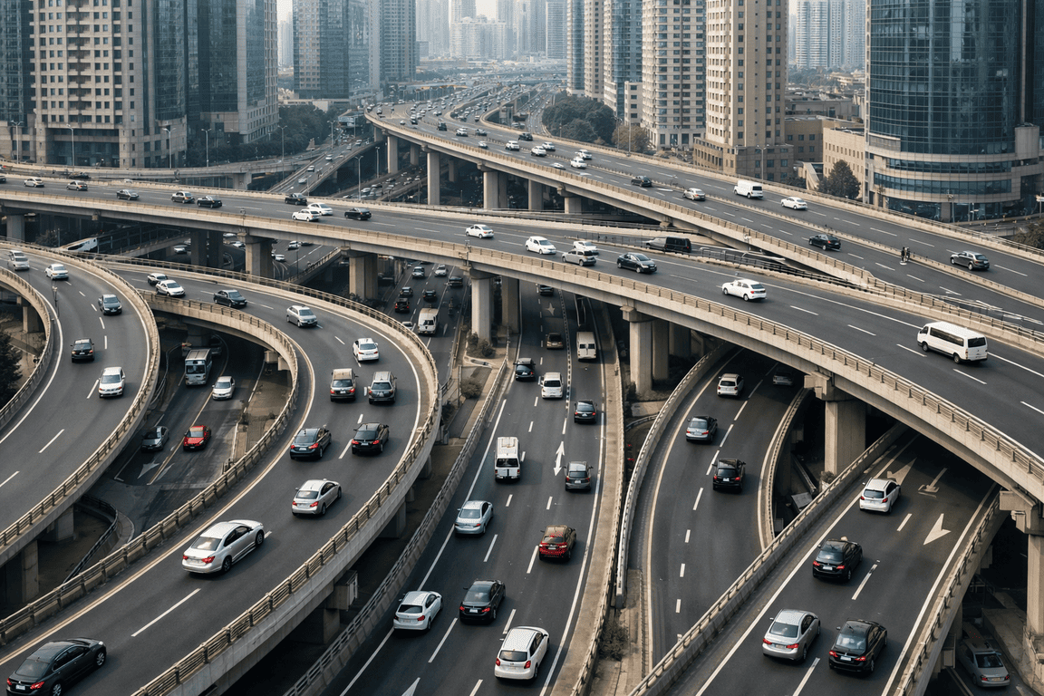 Многоуровневая развязка в городе с параллельными дорогами