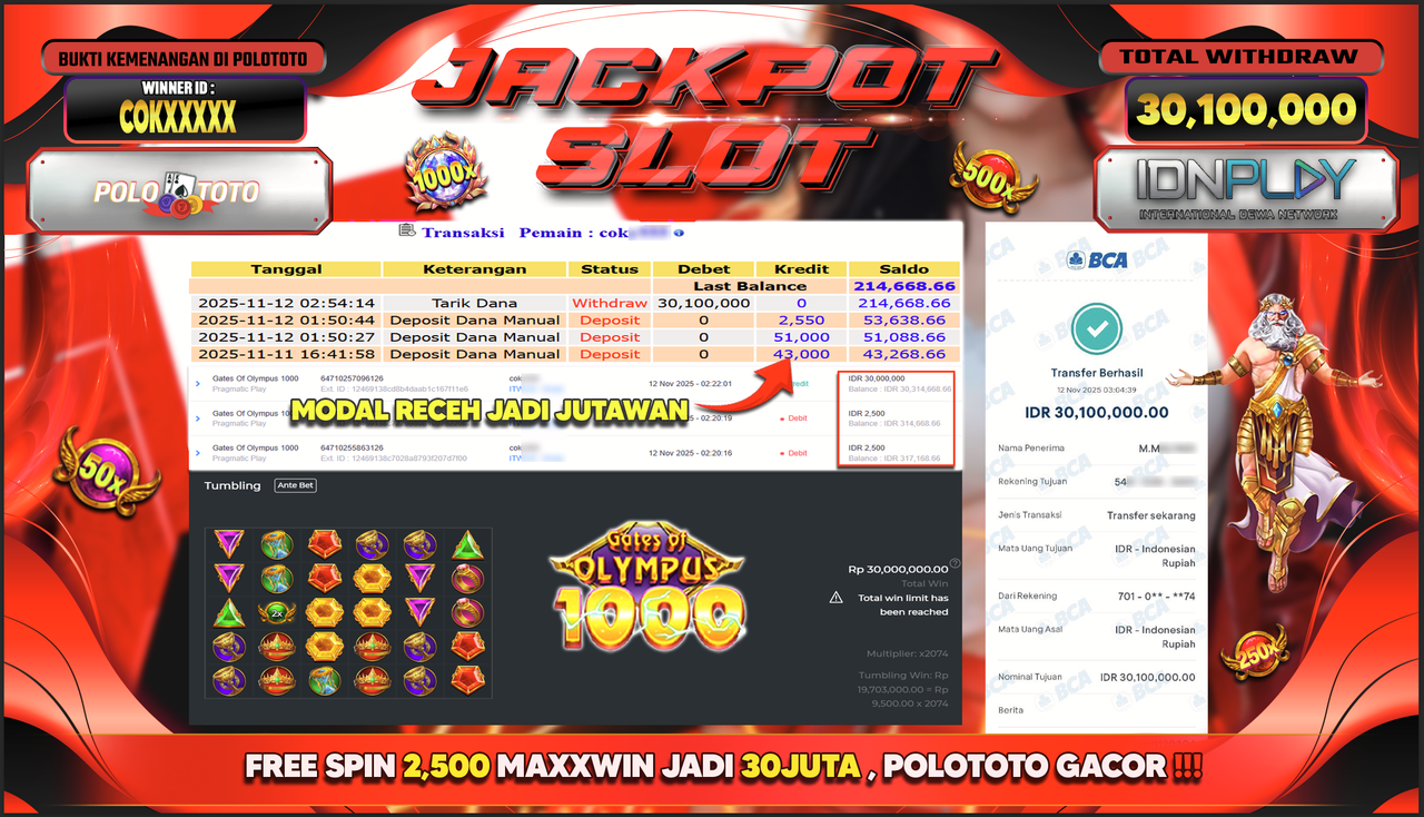 POLOTOTO JACKPOT SLOT GATES OF OLYMPUS 1000 Rp.30.100.000,- LUNAS