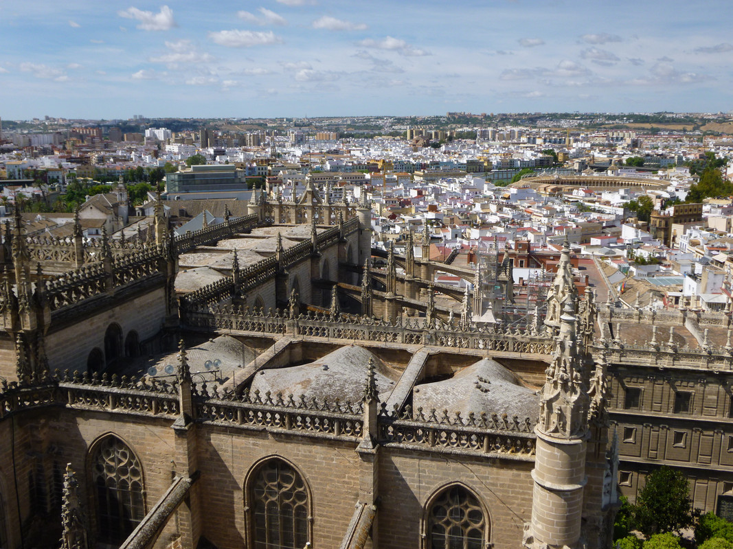 View from the tower towards the river Guadalquivir (Betis to Romans).  The yellowish circular building with lots of arches is the bullring