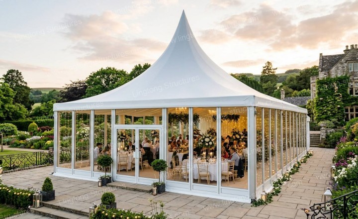 Romantic peak roof wedding marquee with elegant design