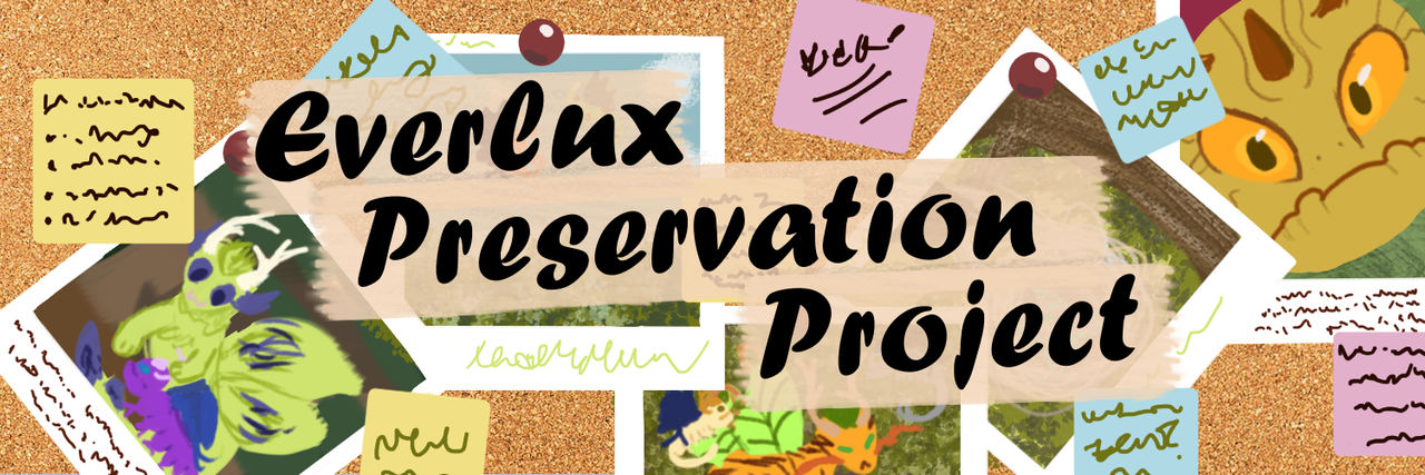 A corkboard has several pictures & notes pinned to it, over the top of everything is tape with the text Everlux Preservation Project