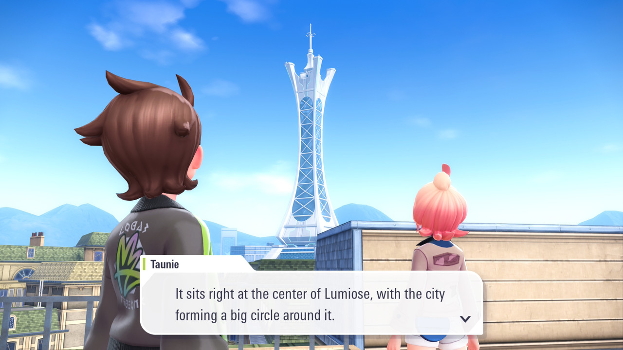 Tyler and Taunie looking at Prism Tower in Lumiose City.s