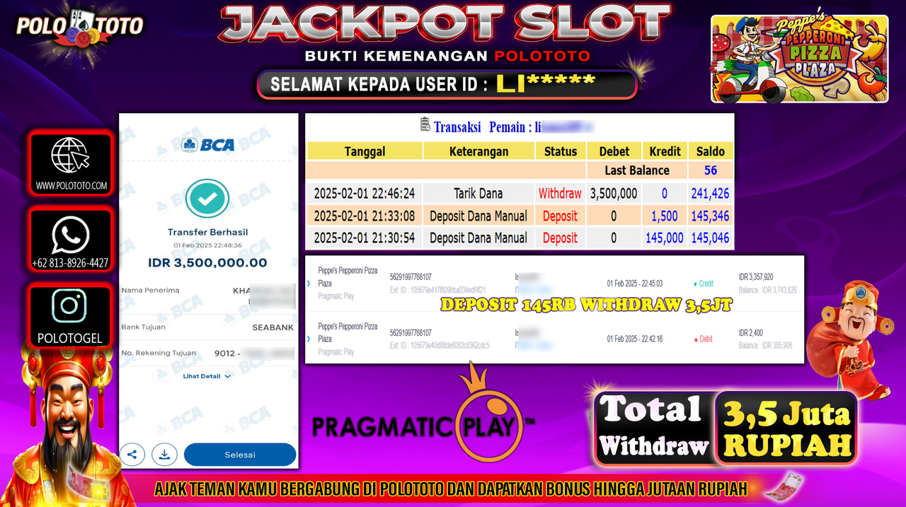 POLOTOTO JACKPOT SLOT PEPPE PEPPERONI PIZZA PLAZA Rp.3,500.000,-