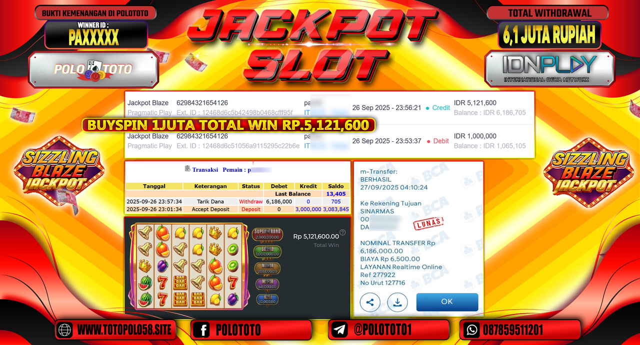 POLOTOTO JACKPOT SLOT JACKPOT BLAZE Rp.6.100.000,- LUNAS