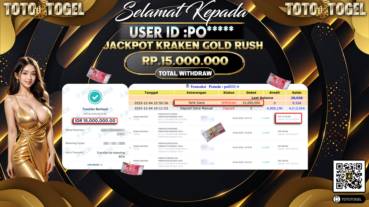Bukti Pembayaran Jackpot Permainan Slot Kraken Gold Rush ID:PO***** LUNAS
