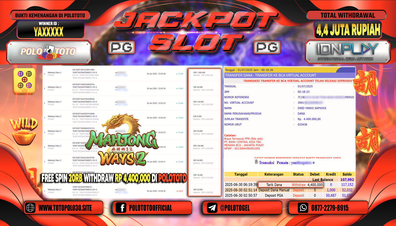 POLOTOTO JACKPOT SLOT MAHJONG WAYS 2 Rp.4.400.000,- LUNAS
