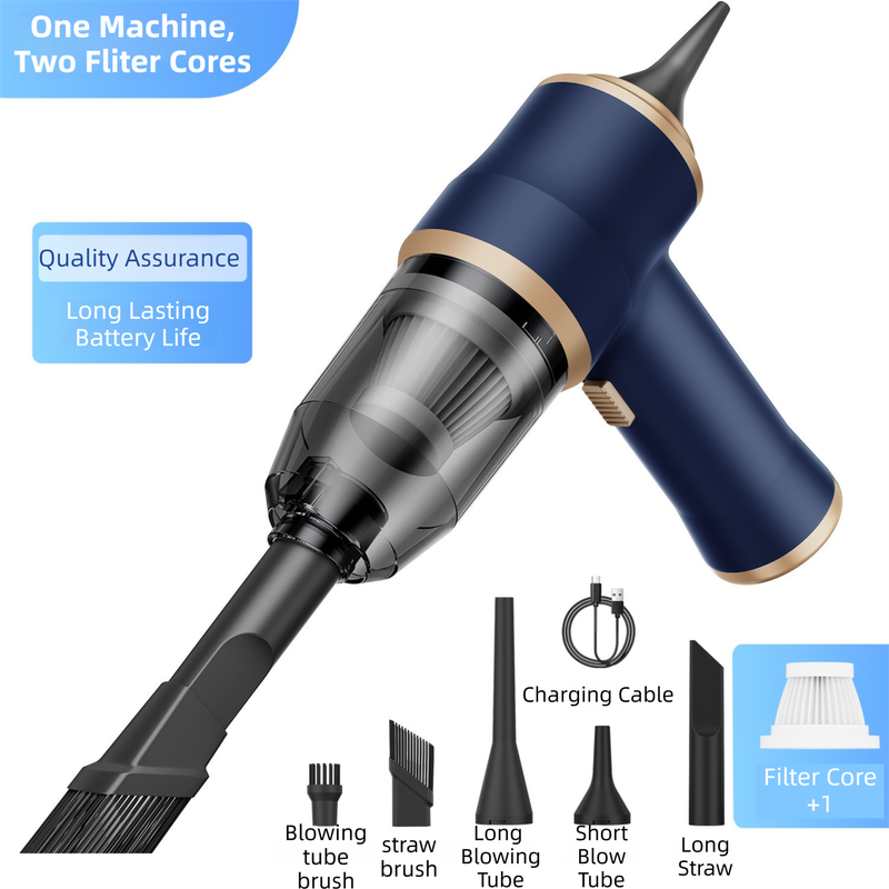 4-in1 Blue Wireless Compact Handheld Car Vacuum Cleaner & Air Duster with 5 Nozzles/Brushes- 15000 Pa Ultra-Powerful Blower/Suction Tool for Auto, Home & Office