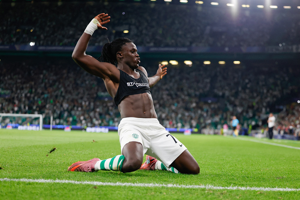 Quenda celebrates scoring his first Champions League goal against Kairat
