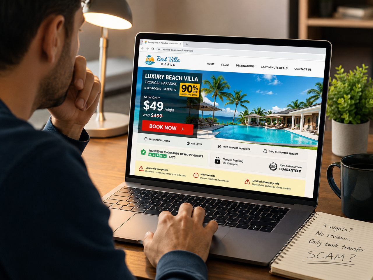 Fake holiday booking page advertising a luxury apartment at an unrealistic discount
