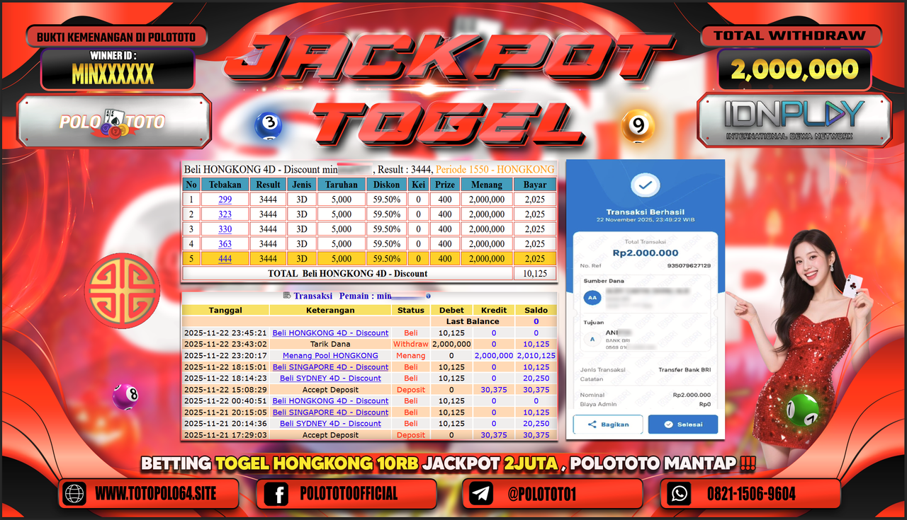 POLOTOTO JACKPOT TOGEL MENANG HONGKONG LOTTO Rp.2.000.000,- LUNAS