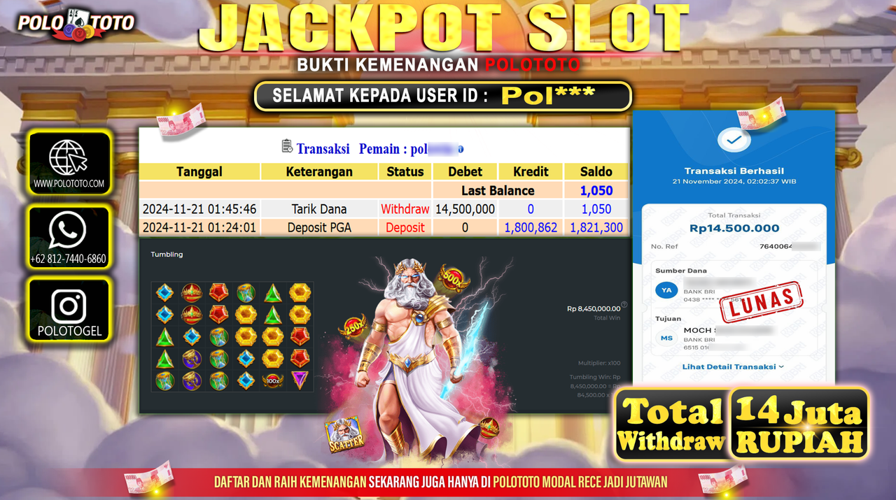 POLOTOTO JACKPOT SLOT GATES OF OLYMPUS Rp.14.000.000,- 