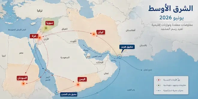 صورة توضيحية لخريطة الشرق الأوسط في يونيو 2026، توضح النقاط الساخنة والملفات الإقليمية الرئيسية مثل مفاوضات غزة، والملف النووي الإيراني، والأزمات في اليمن والسودان وسوريا، مع الإشارة إلى الممرات البحرية الاستراتيجية. (تم توليدها بالذكاء الإصطناعي)
