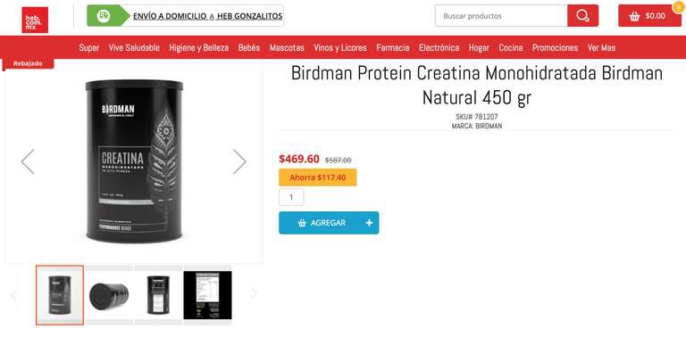 HEB Birdman Protein Creatina Monohidratada Birdman Natural 450 gr 
