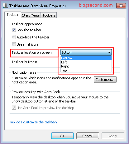 Mengubah Letak Taskbar Menjadi Diatas atau Samping