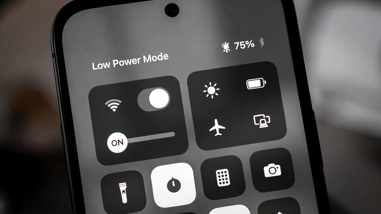 Smartphone control center with Low Power Mode toggle highlighted