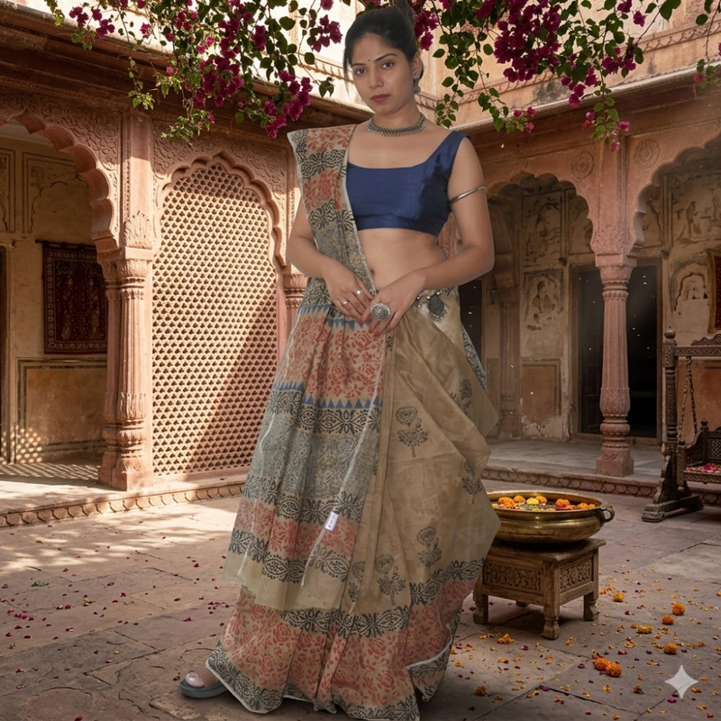 Hand Block Printed Akaroa Beige Saree with Blue and Red Floral Pattern