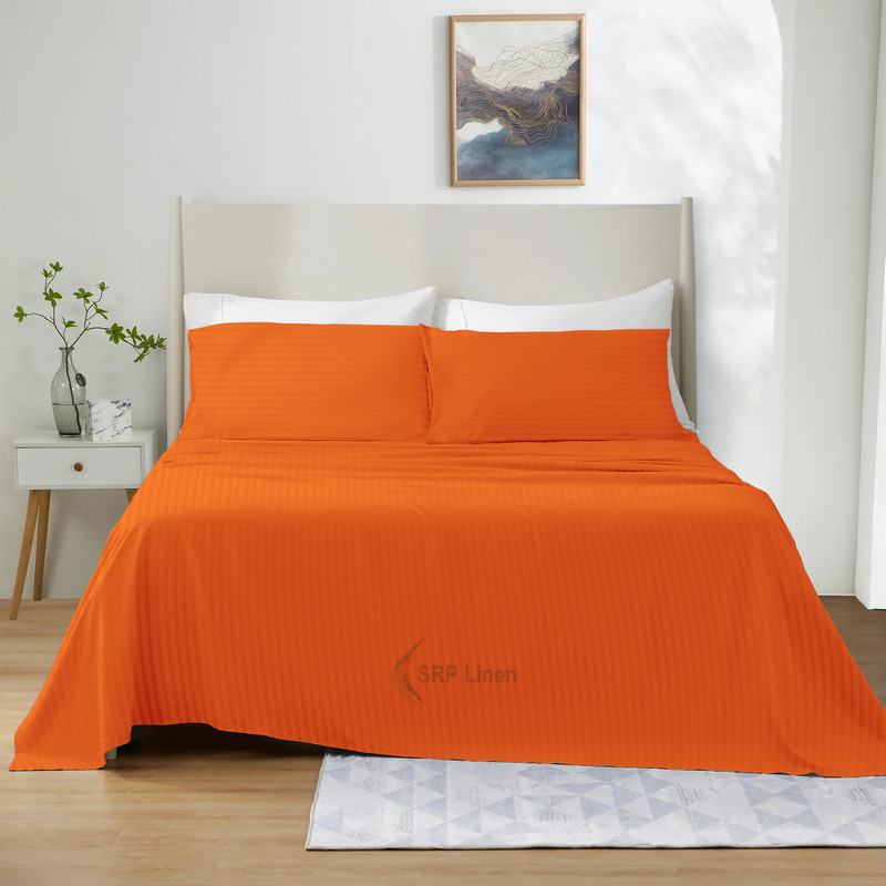 Picture of 1200 Thread Count 4 Piece Quality Sheet Set 18 Inch Deep Pocket 100% Egyptian Cotton Color Orange Stripe Size Twin