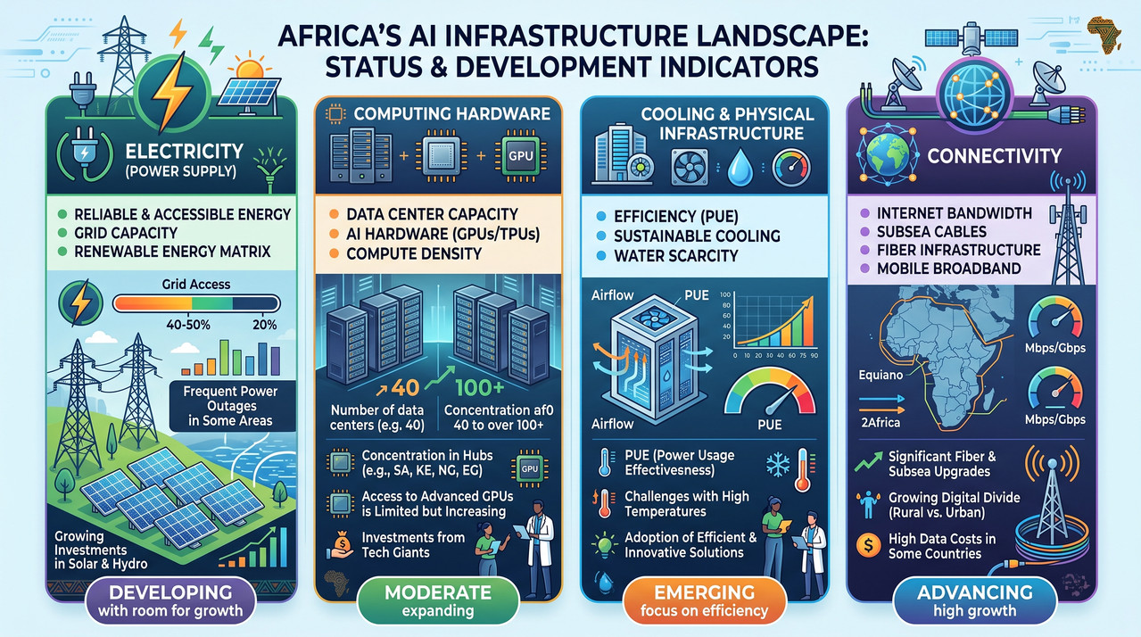 An infographic showing the four layers of AI infrastructure and where Africa currently stands on each