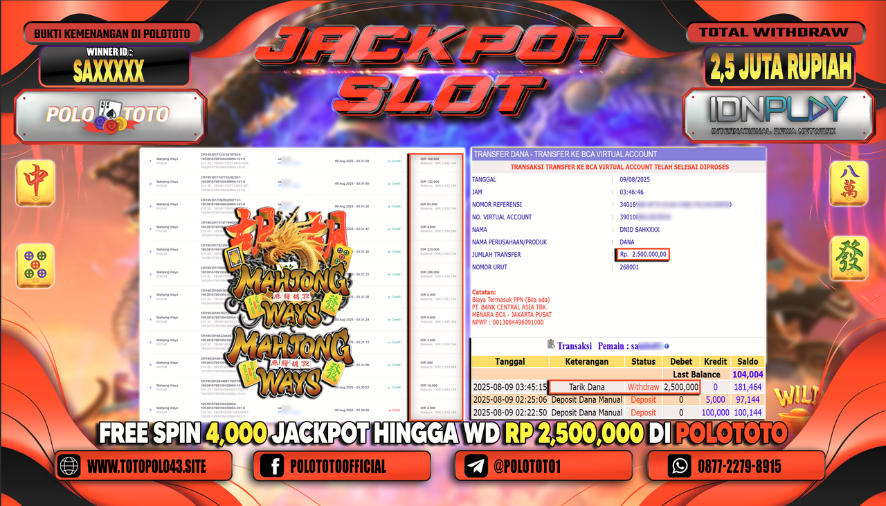 POLOTOTO JACKPOT SLOT MAHJONG WAYS Rp.2.500.000,-LUNAS