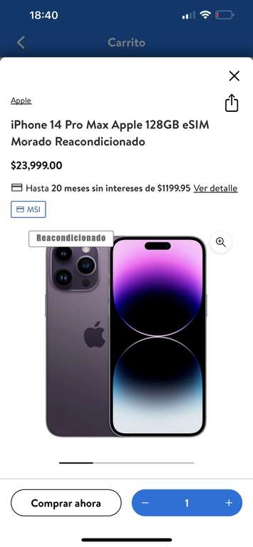 Walmart: iPhone 14 pro Max 128gb esim morado reacondicionado Walmart 12 MSI con BBVA 
