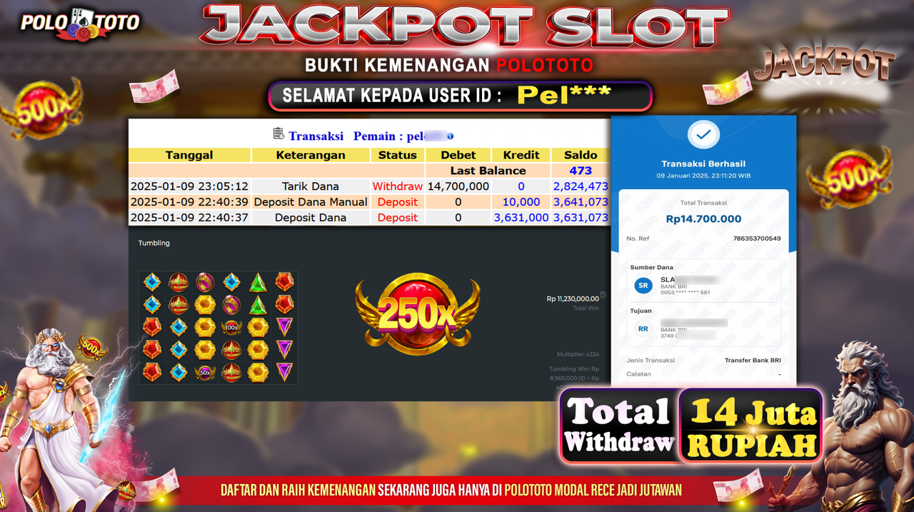 POLOTOTO JACKPOT SLOT GATES OF OLYMPUS Rp.14,700.000,-