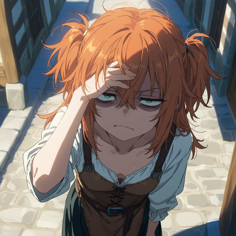 Kirilina: annoyed, in white shirt and leather apron, dark circles under her eyes. She looks like a zombie.