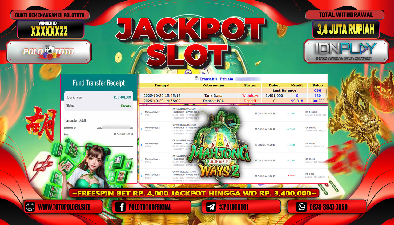 POLOTOTO JACKPOT SLOT MAHJONG WAYS 2 Rp.3.400.000,- LUNAS