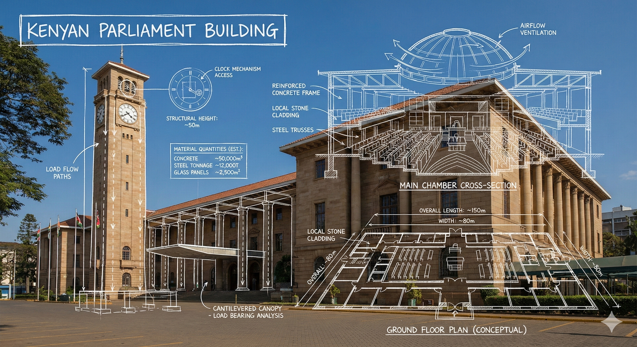 Kenyan Parliament building in Nairobi under bright blue sky