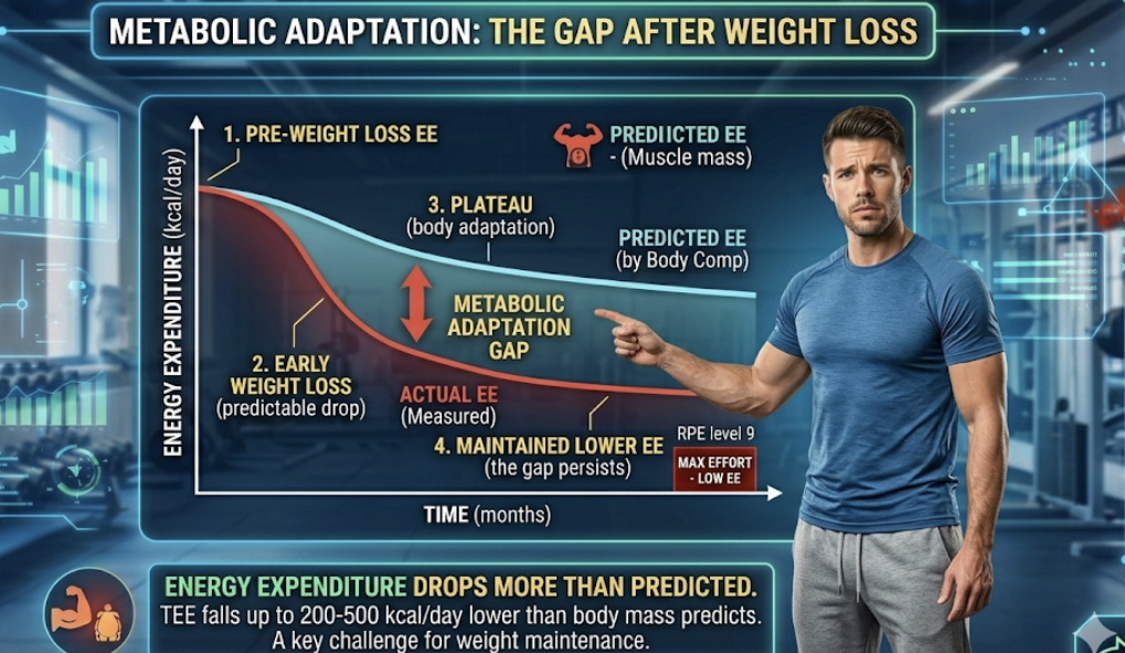 Graph showing metabolic adaptation after weight loss with energy expenditure dropping more than predicted by body composition change