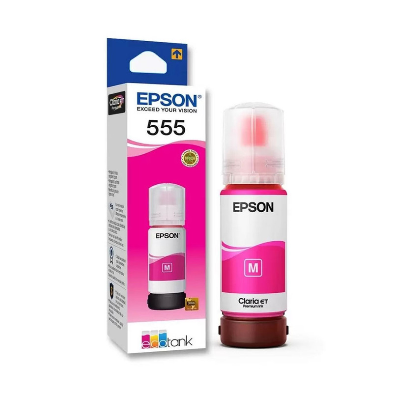 Botella de tinta original Epson T555 de color magenta.