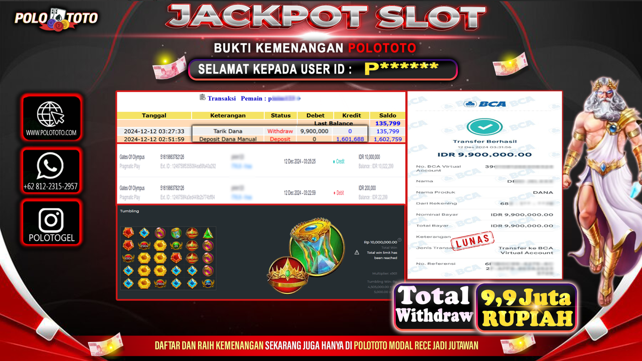 POLOTOTO JACKPOT SLOT GATES OF OLYMPUS Rp.9,900.000,-