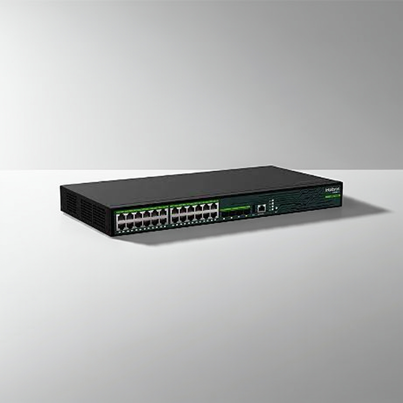 Vista superior do Switch Intelbras S3028G-B, destacando o design para rack e os LEDs indicadores.