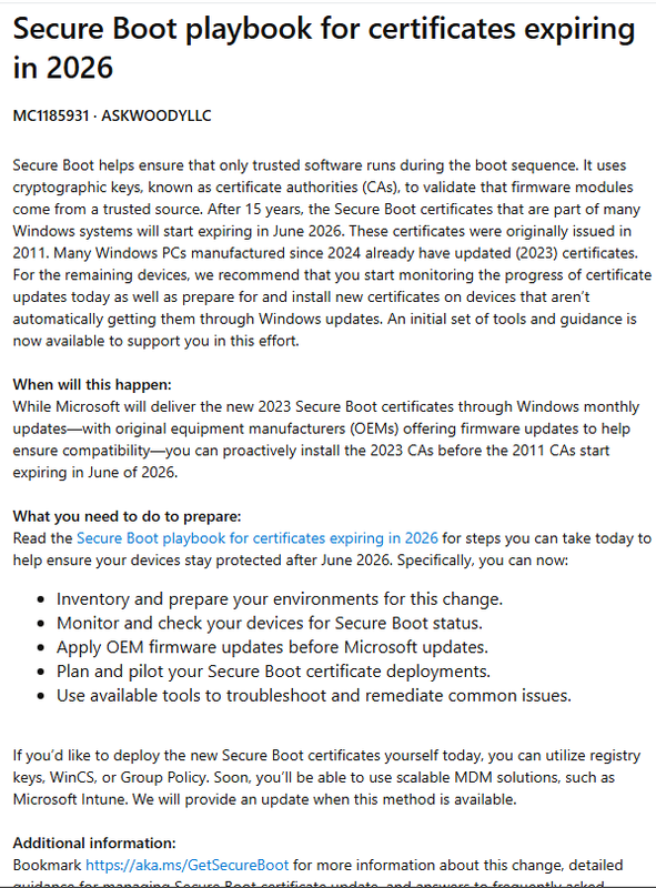 MC1185931: Secure Boot playbook for certificates expiring in 2026