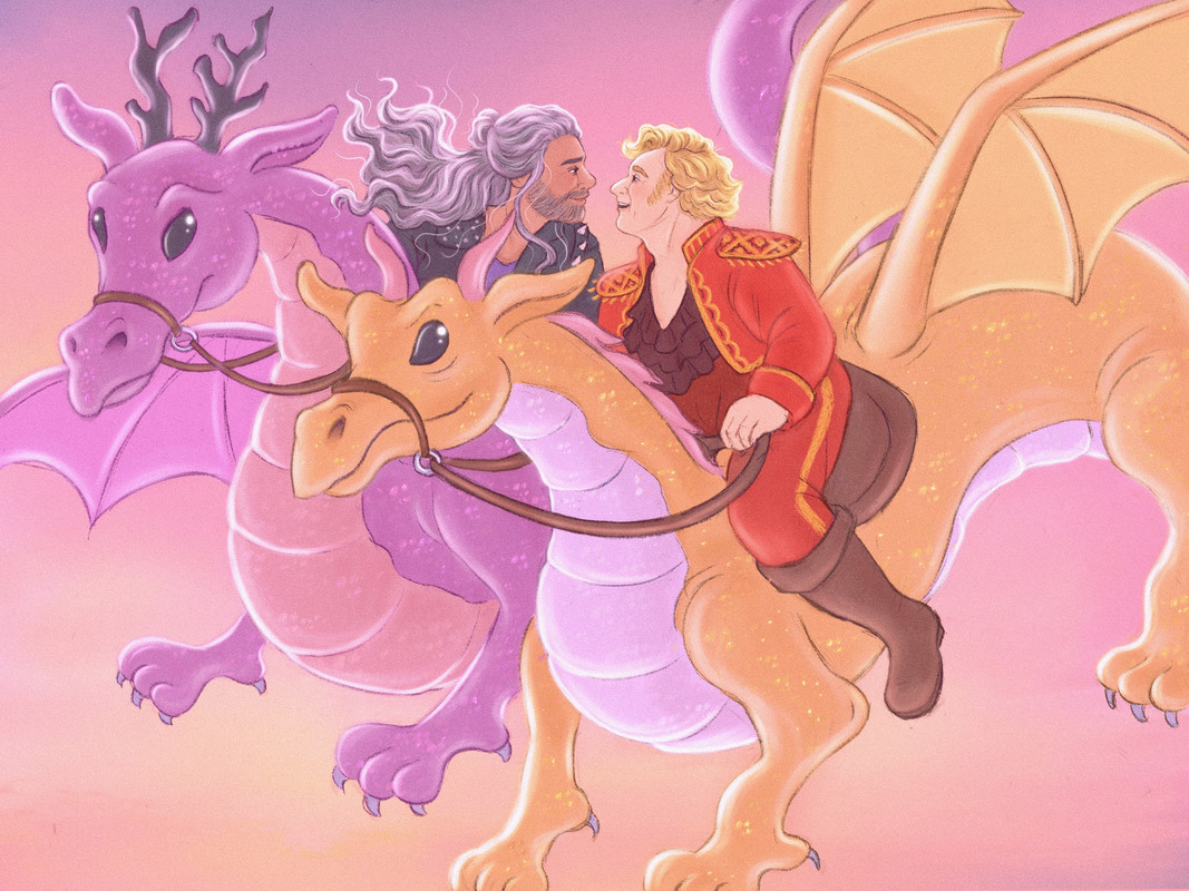 Art by merryfinches. Ed and Stede riding side by side on Queen Anne and Arthur. They are smiling at each other very fondly