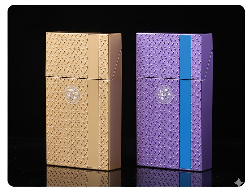 2 Pack Slim Cigarette Case Hard Shell Holder for 40 Cigarettes Durable ABS Plastic Crush Proof Box with Spring Clip Moisture Resistant Pocket Container Gold and purple