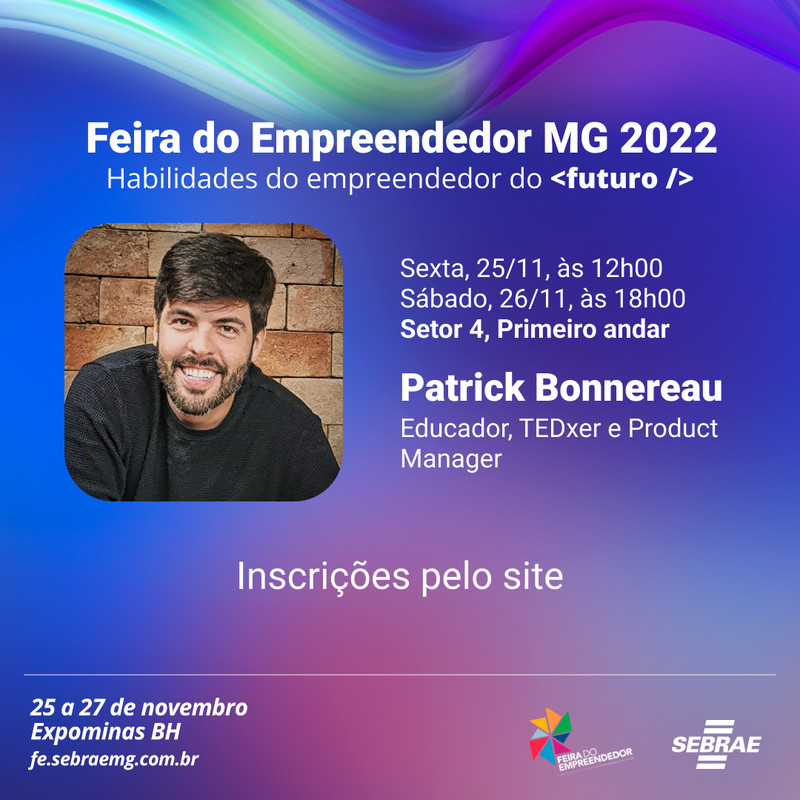 Banner da feira com a foto do palestrante, local, data e hora da palestra.