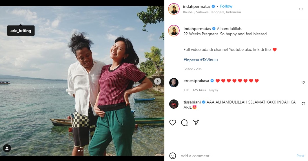 Arie Kriting dan Indah Permatasari mengumumkan kehamilan anak pertama mereka.