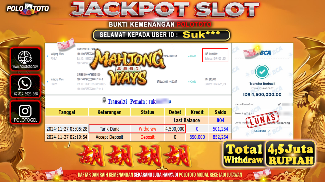 POLOTOTO JACKPOT SLOT MAHJONG WAYS  Rp.4.500.000,-