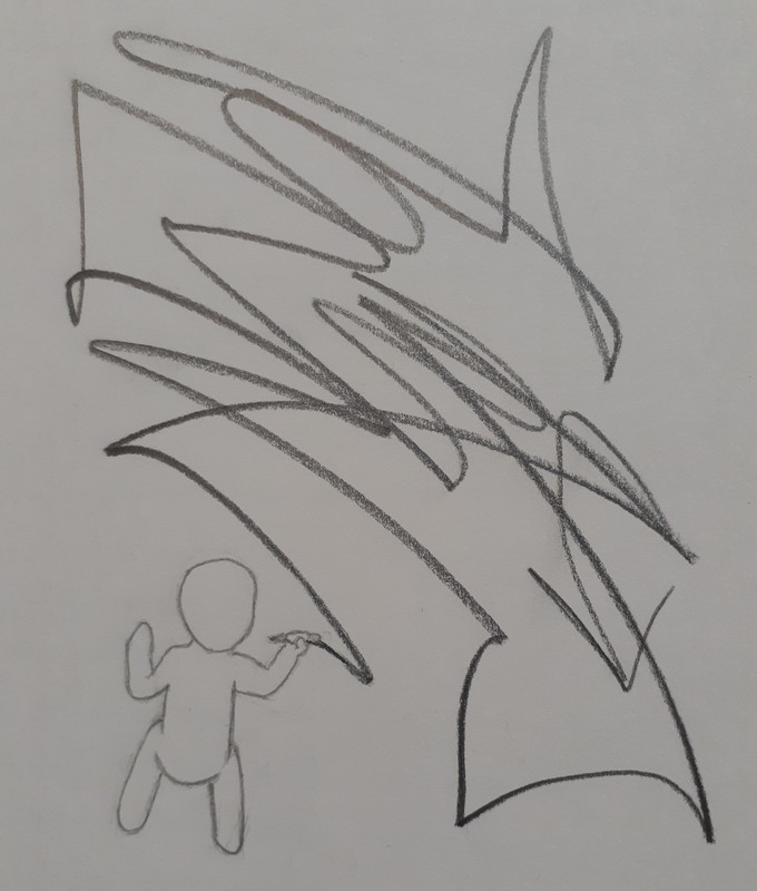 Pencil drawing of a simple figure kneeling by a giant black scribble it has drawn.