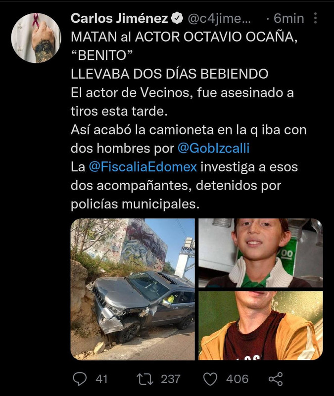 Reportan que Octavio Ocaña fue asesinado a balazos en Edomex
