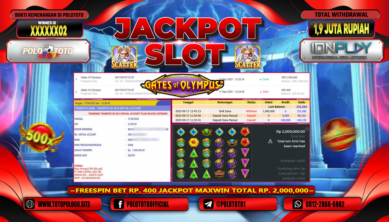 POLOTOTO JACKPOT SLOT GATES OF OLYMPUS Rp.1.900.000,- LUNAS