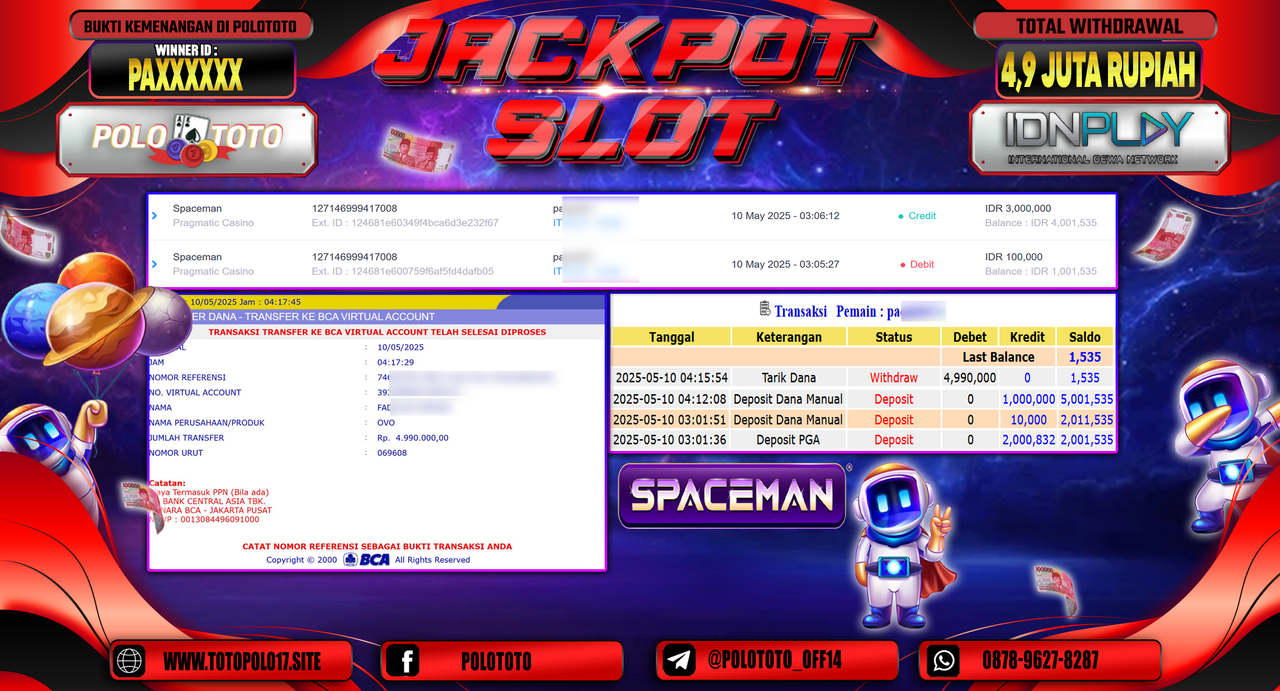 POLOTOTO JACKPOT SLOT SPACEMAN Rp.4.990.000,-
