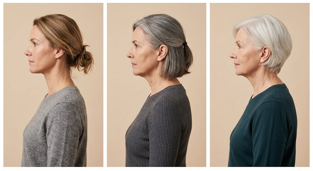 Side-profile progression showing how the neck curve deepens with age if left alone