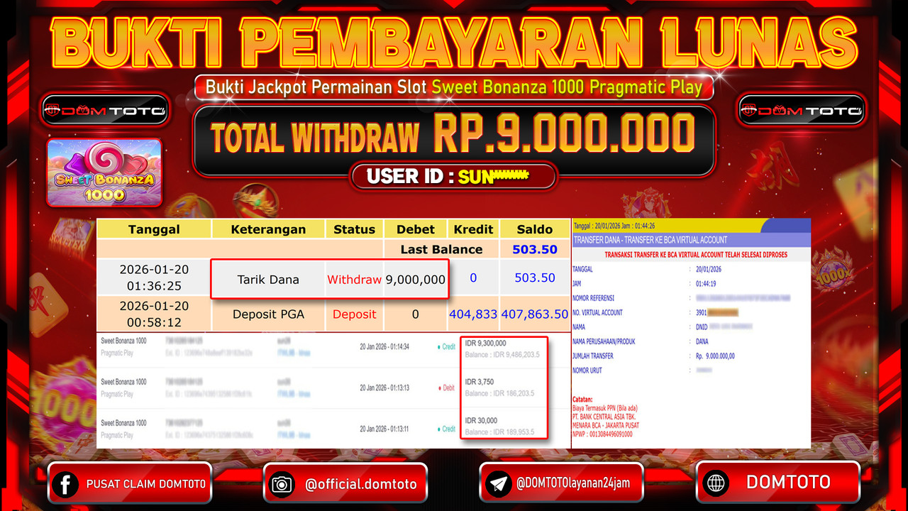 JACKPOT SLOT Sweet Bonanza 1000 Pragmatic Play 20 JANUARI 2026