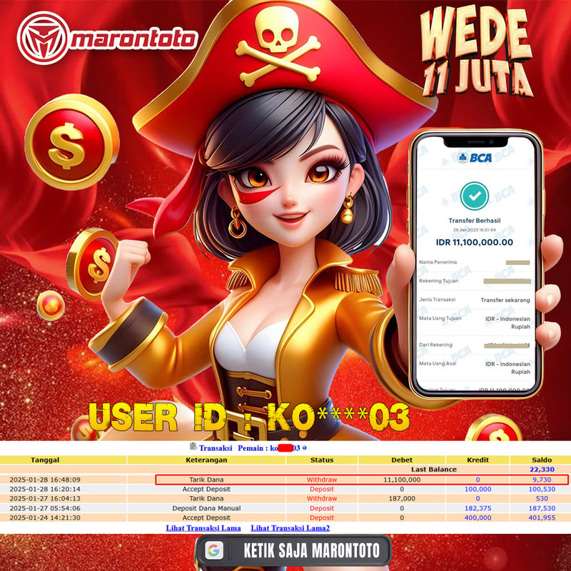 Bukti Kemenangan Member Marontoto Sebesar 11,100,000 JuTa