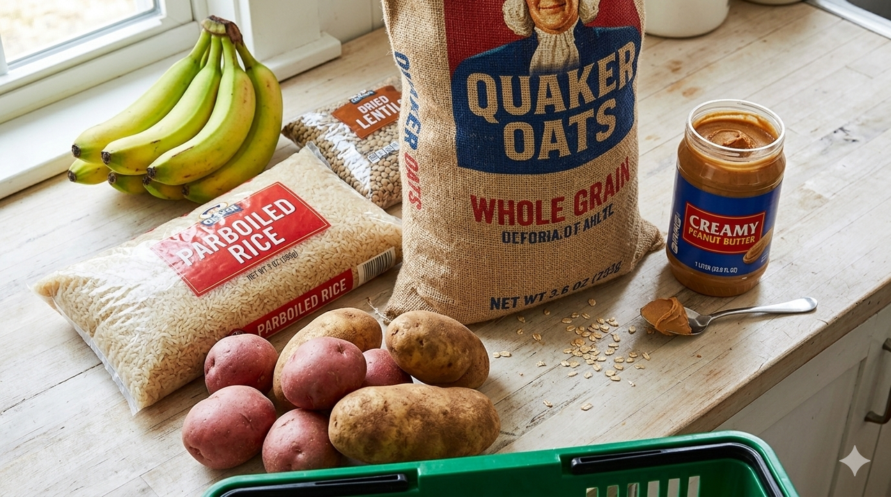Oats, rice, potatoes, bananas, and peanut butter for cheap grocery list for bodybuilding on a budget